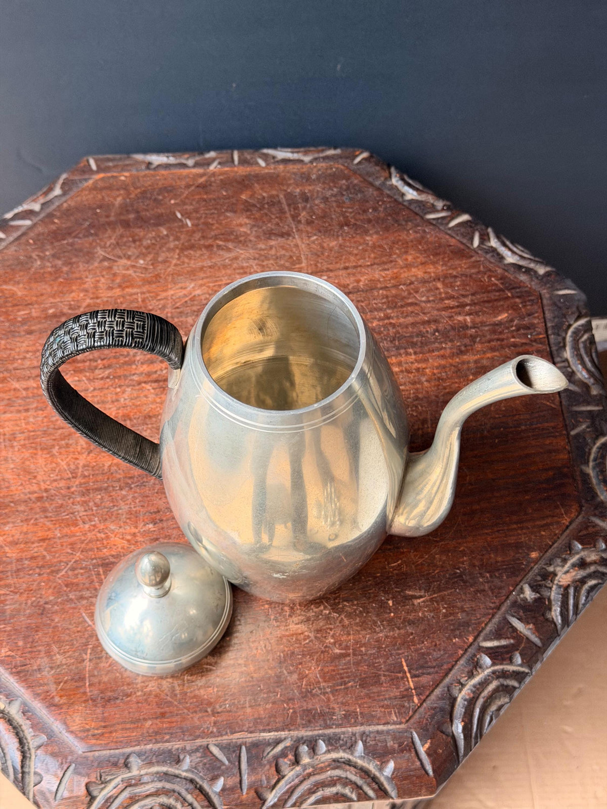 Vintage Mid Century Bangka Tin Pewter Teapot Coffee Pitcher Woven Handle 10 in