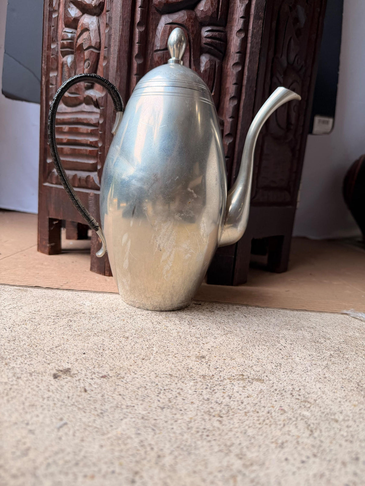 Vintage Mid Century Bangka Tin Pewter Teapot Coffee Pitcher Woven Handle 10 in