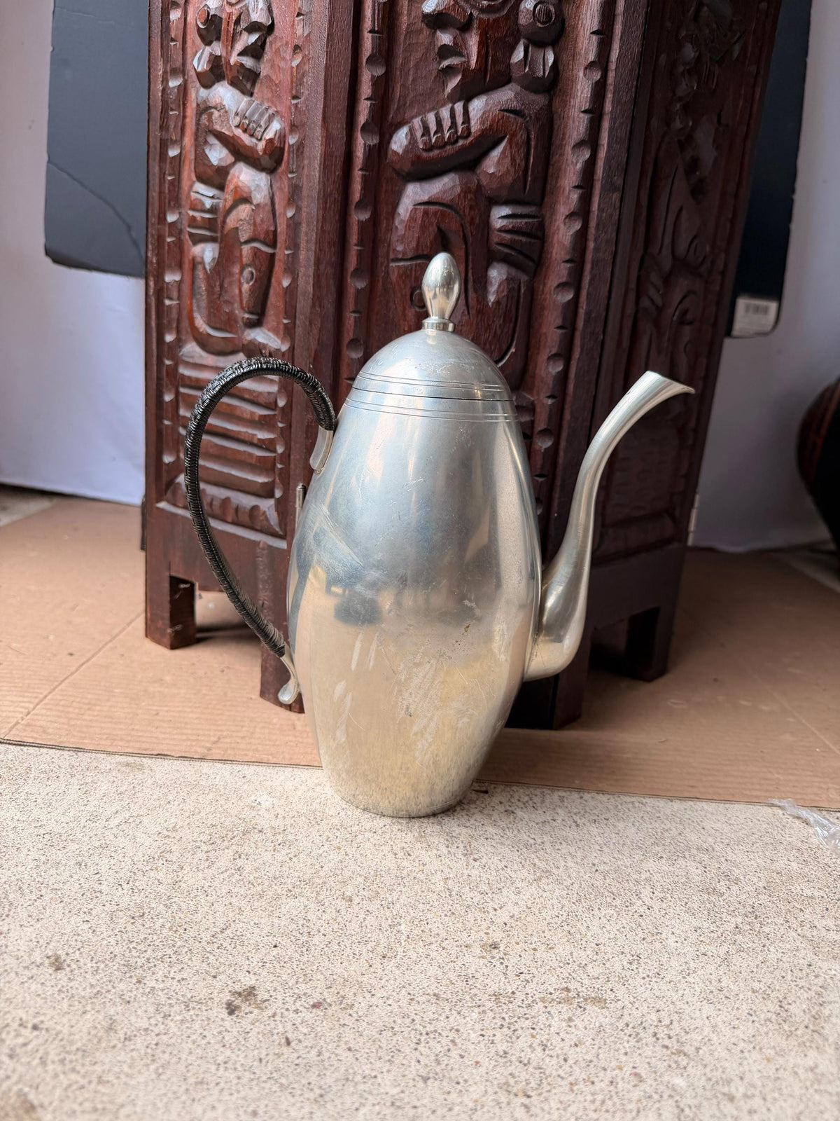 Vintage Mid Century Bangka Tin Pewter Teapot Coffee Pitcher Woven Handle 10 in