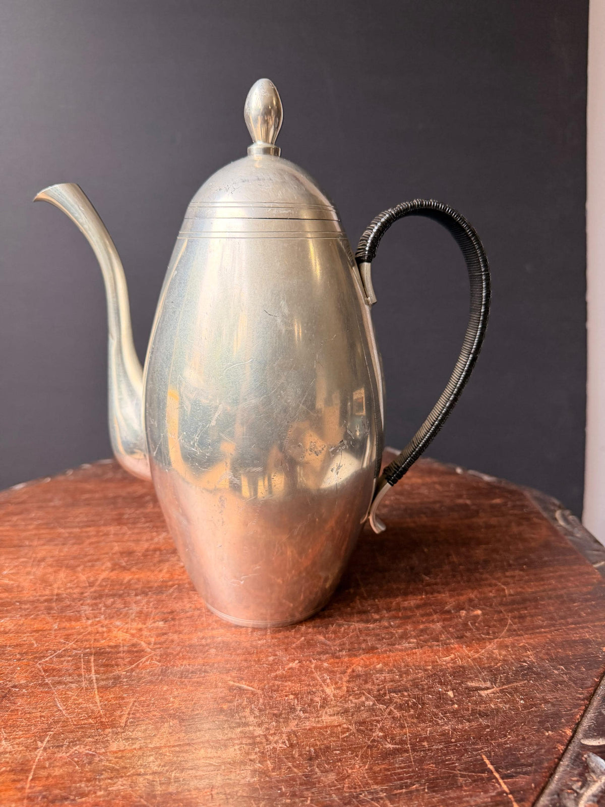 Vintage Mid Century Bangka Tin Pewter Teapot Coffee Pitcher Woven Handle 10 in