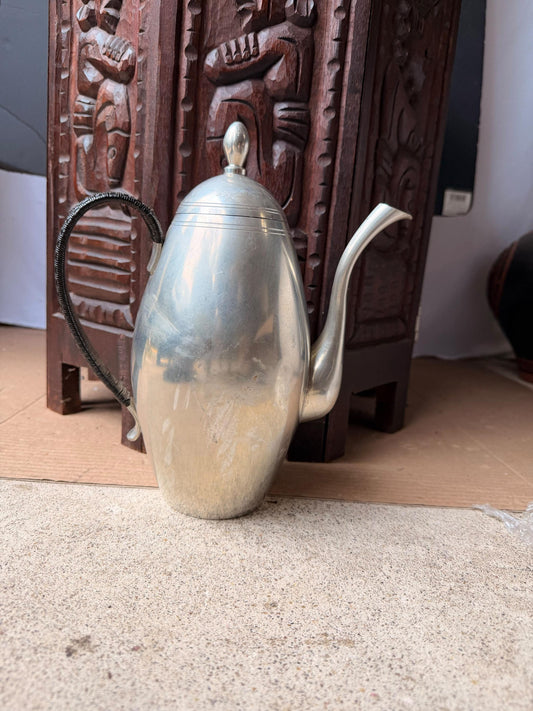 Vintage Mid Century Bangka Tin Pewter Teapot Coffee Pitcher Woven Handle 10 in