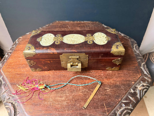 Vintage East Asian Hardwood Brass Jewelry Box Carved Stone Inlay Lock 10"