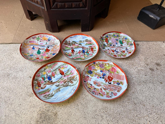 Vintage Japanese Porcelain Plates Set of 5 Geisha Mt Fuji Garden 5.5"
