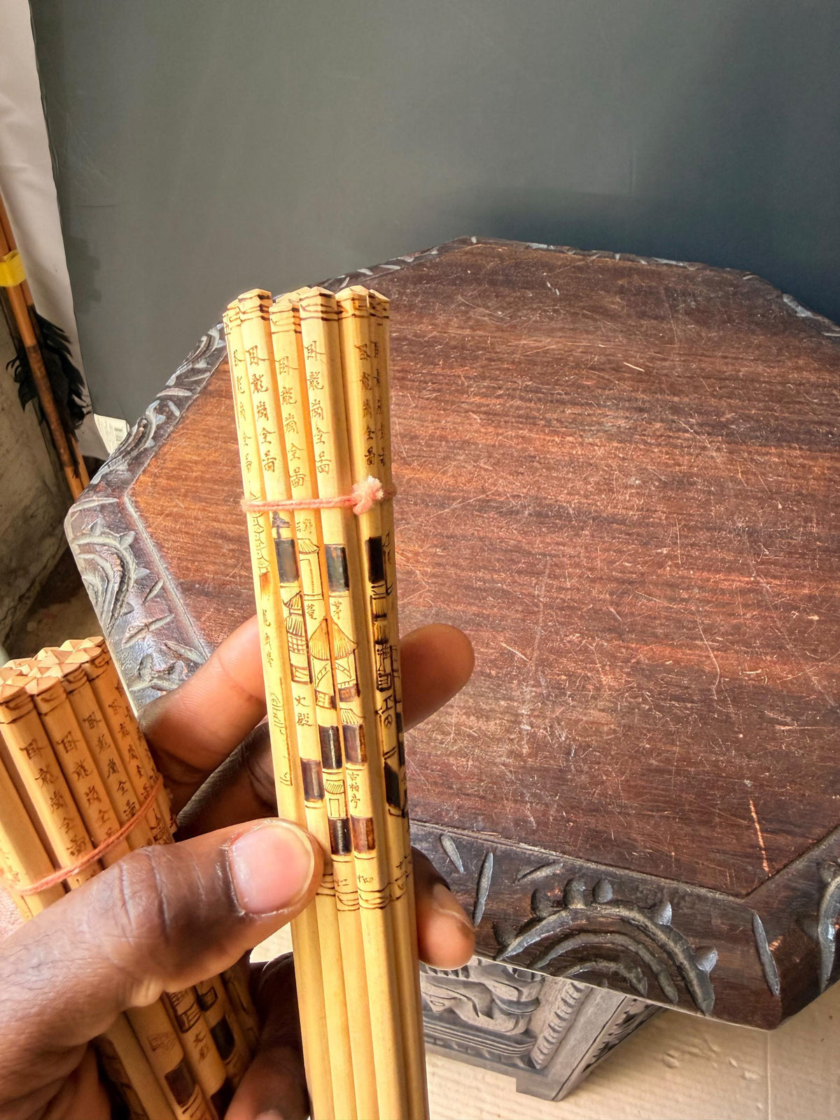 Vintage Chinese Pyrography Bamboo Chopstick Bundles Etched Landscape Art