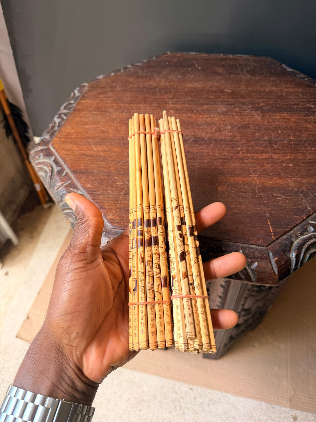 Vintage Chinese Pyrography Bamboo Chopstick Bundles Etched Landscape Art