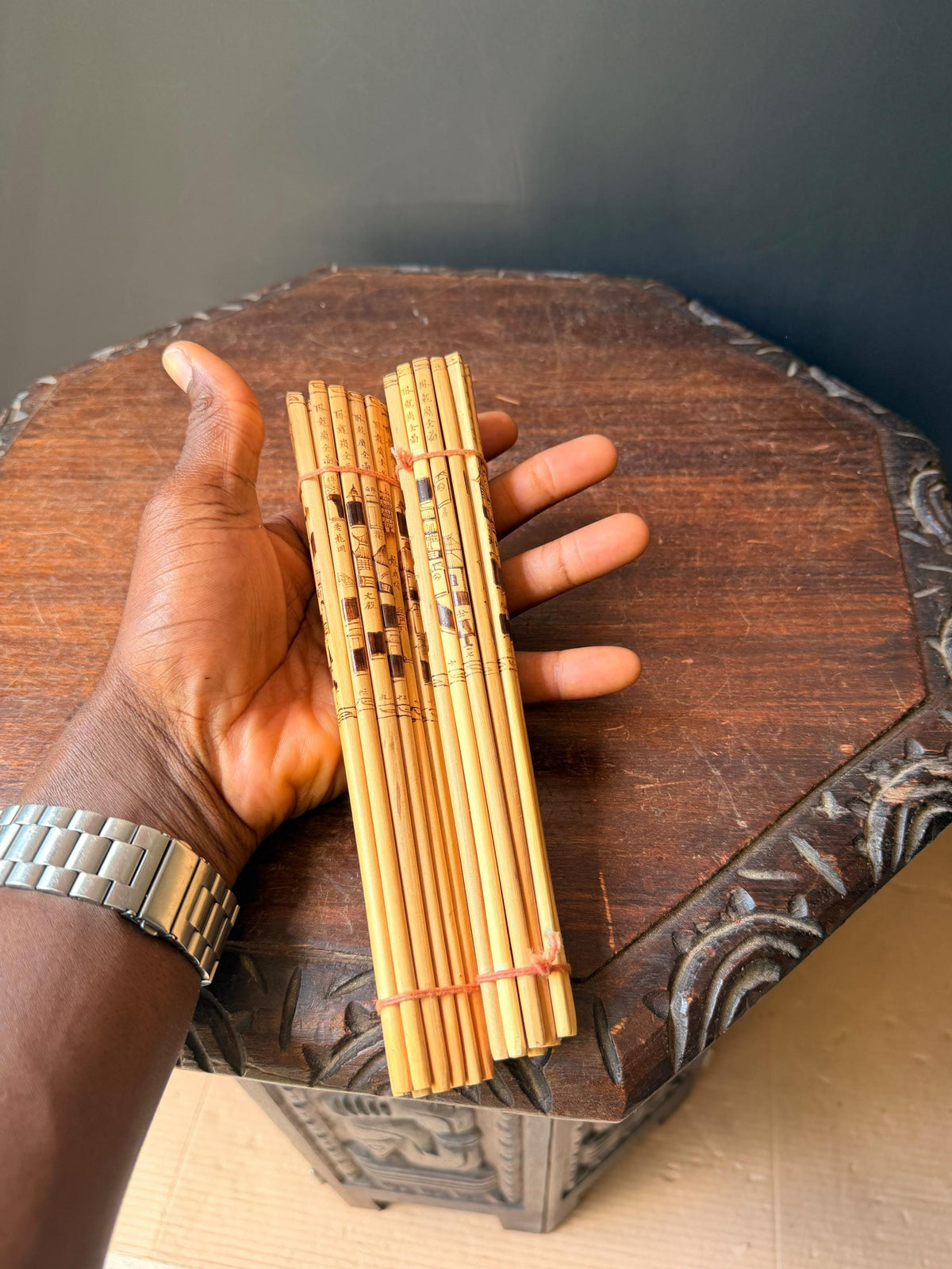 Vintage Chinese Pyrography Bamboo Chopstick Bundles Etched Landscape Art