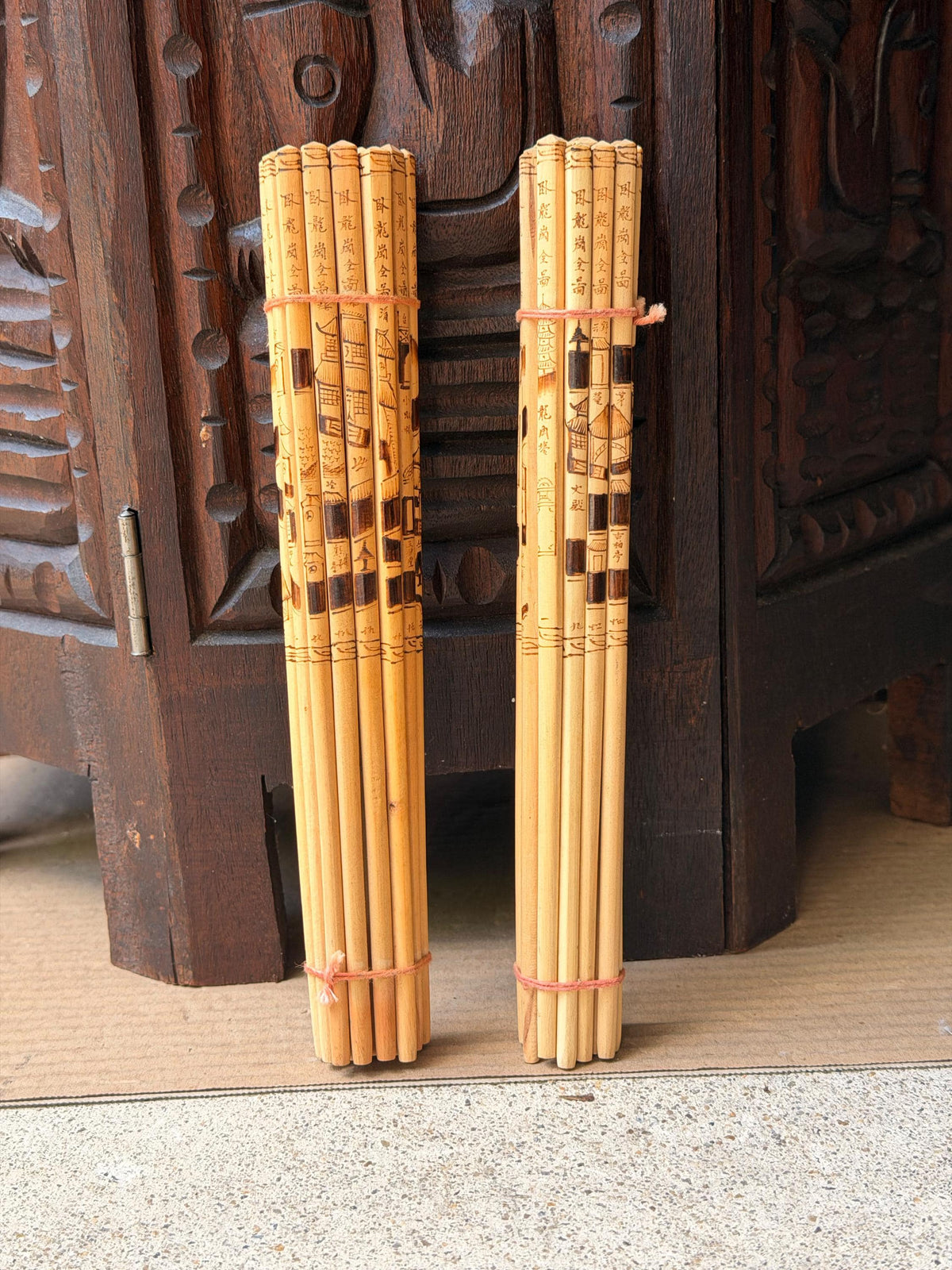 Vintage Chinese Pyrography Bamboo Chopstick Bundles Etched Landscape Art