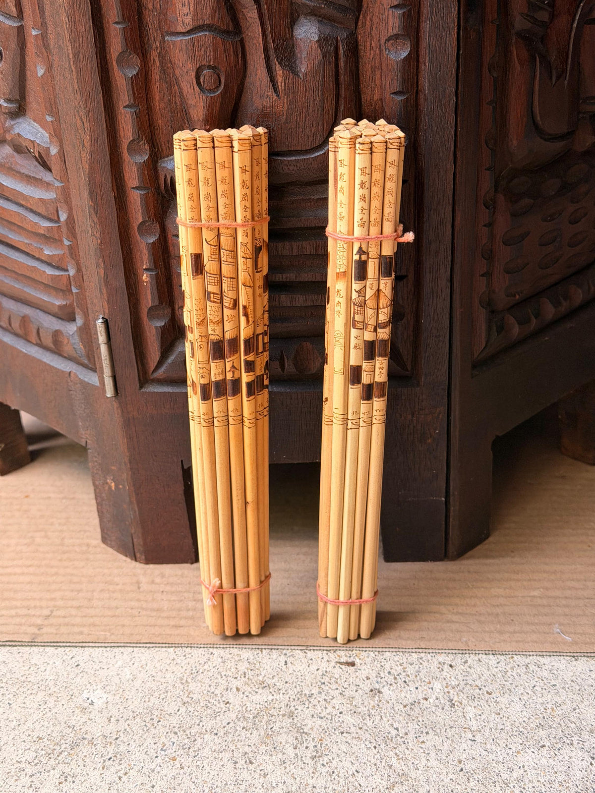 Vintage Chinese Pyrography Bamboo Chopstick Bundles Etched Landscape Art