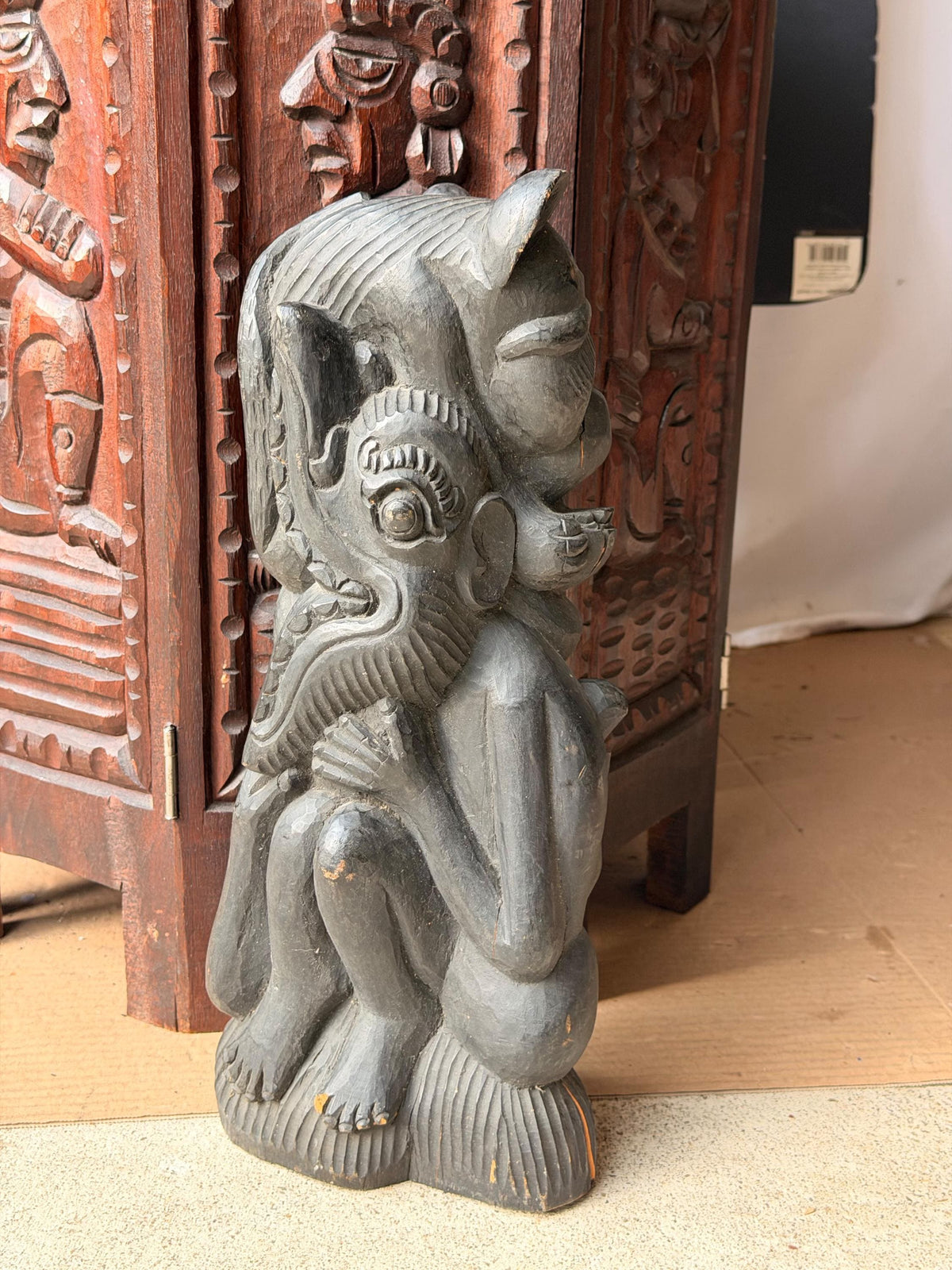 Balinese Carved Wood Mythical Demon Guardian Sculpture Tiger Bull Statue 12.5in
