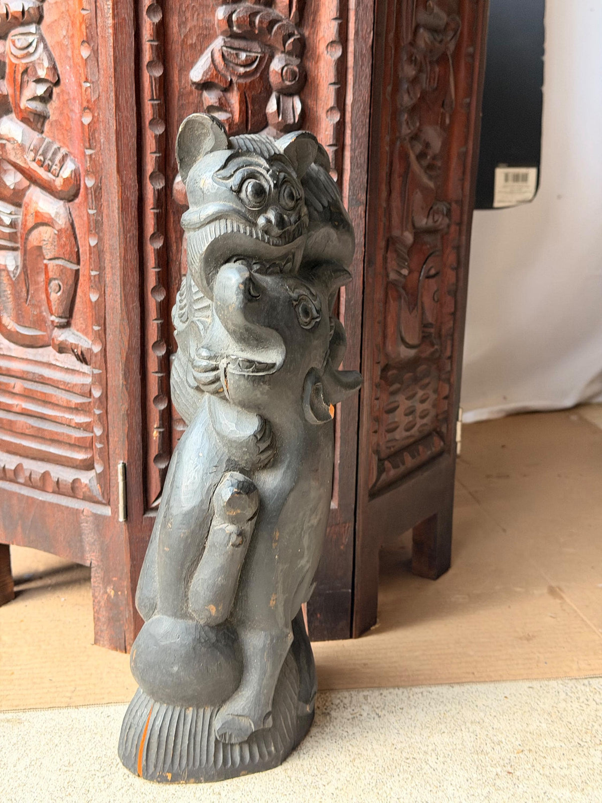 Balinese Carved Wood Mythical Demon Guardian Sculpture Tiger Bull Statue 12.5in