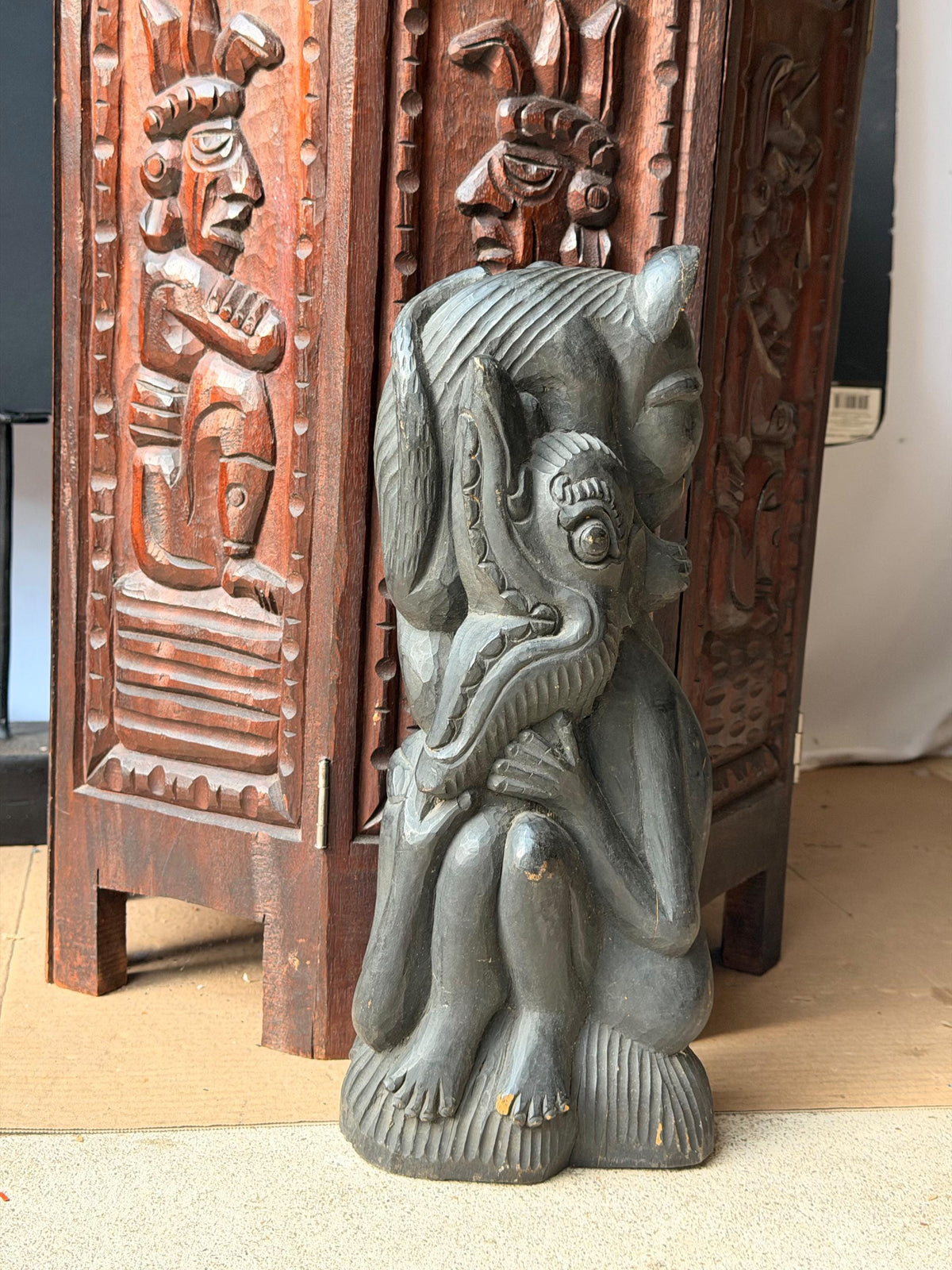 Balinese Carved Wood Mythical Demon Guardian Sculpture Tiger Bull Statue 12.5in