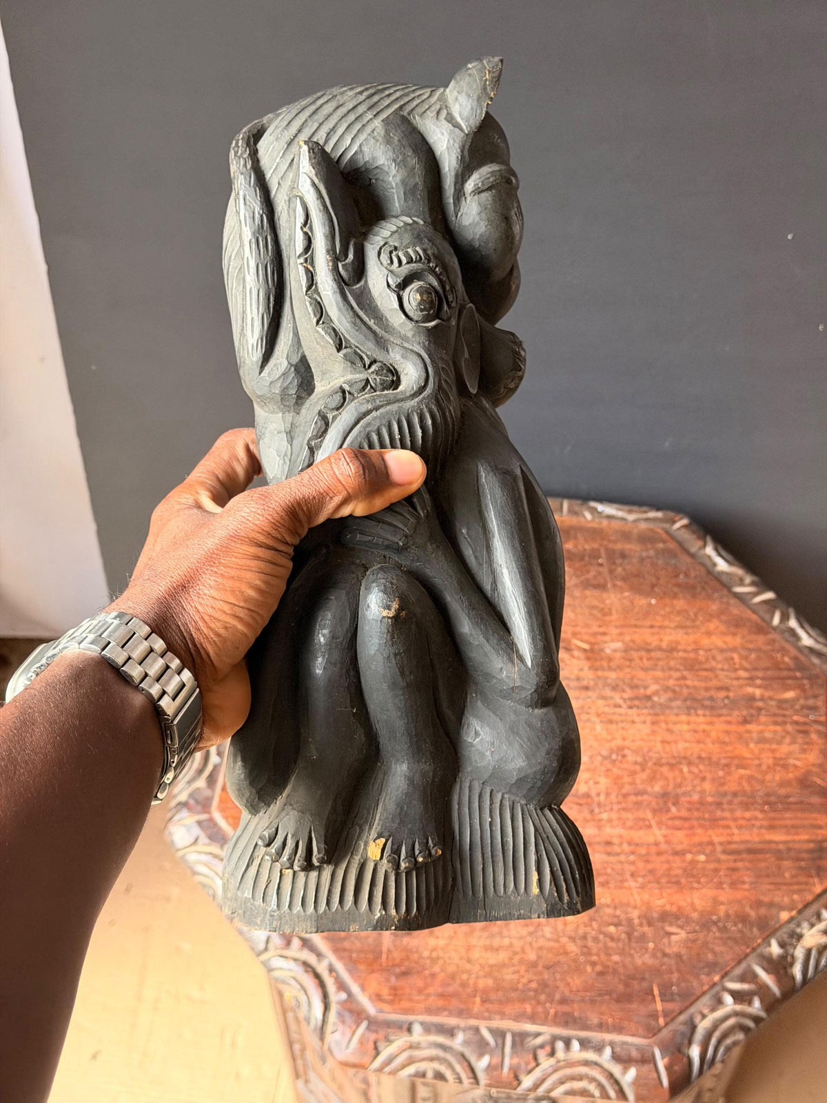 Balinese Carved Wood Mythical Demon Guardian Sculpture Tiger Bull Statue 12.5in