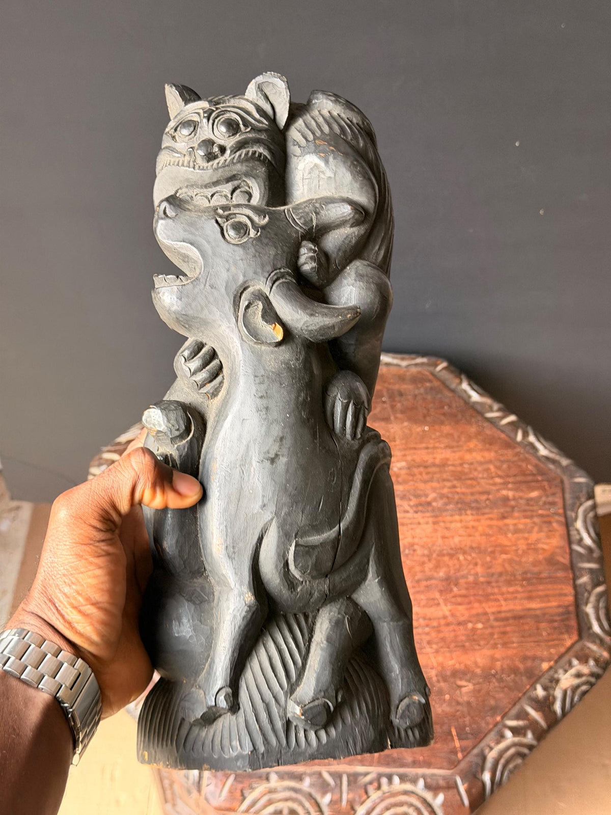 Balinese Carved Wood Mythical Demon Guardian Sculpture Tiger Bull Statue 12.5in