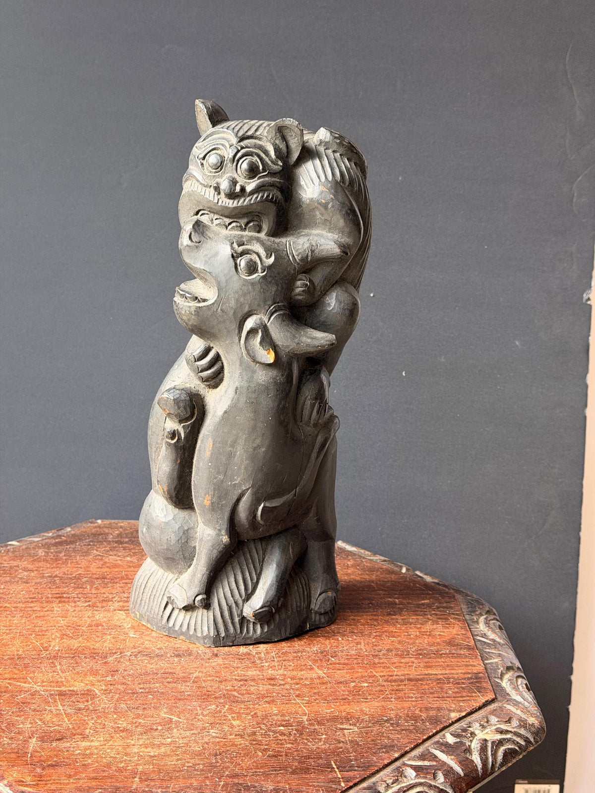 Balinese Carved Wood Mythical Demon Guardian Sculpture Tiger Bull Statue 12.5in