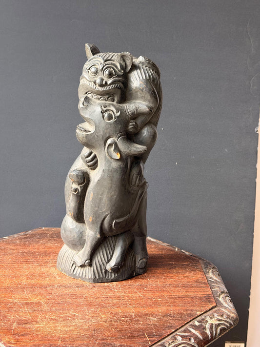 Balinese Carved Wood Mythical Demon Guardian Sculpture Tiger Bull Statue 12.5in