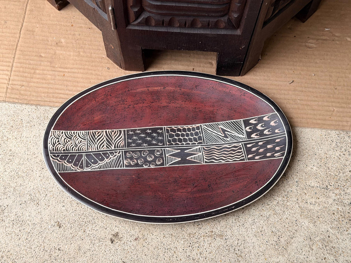 Vintage Hand Carved Soapstone Oval Tray Etched East African Folk Art Platter 12"