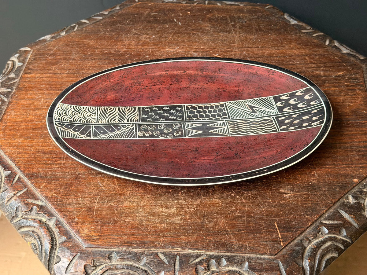 Vintage Hand Carved Soapstone Oval Tray Etched East African Folk Art Platter 12"