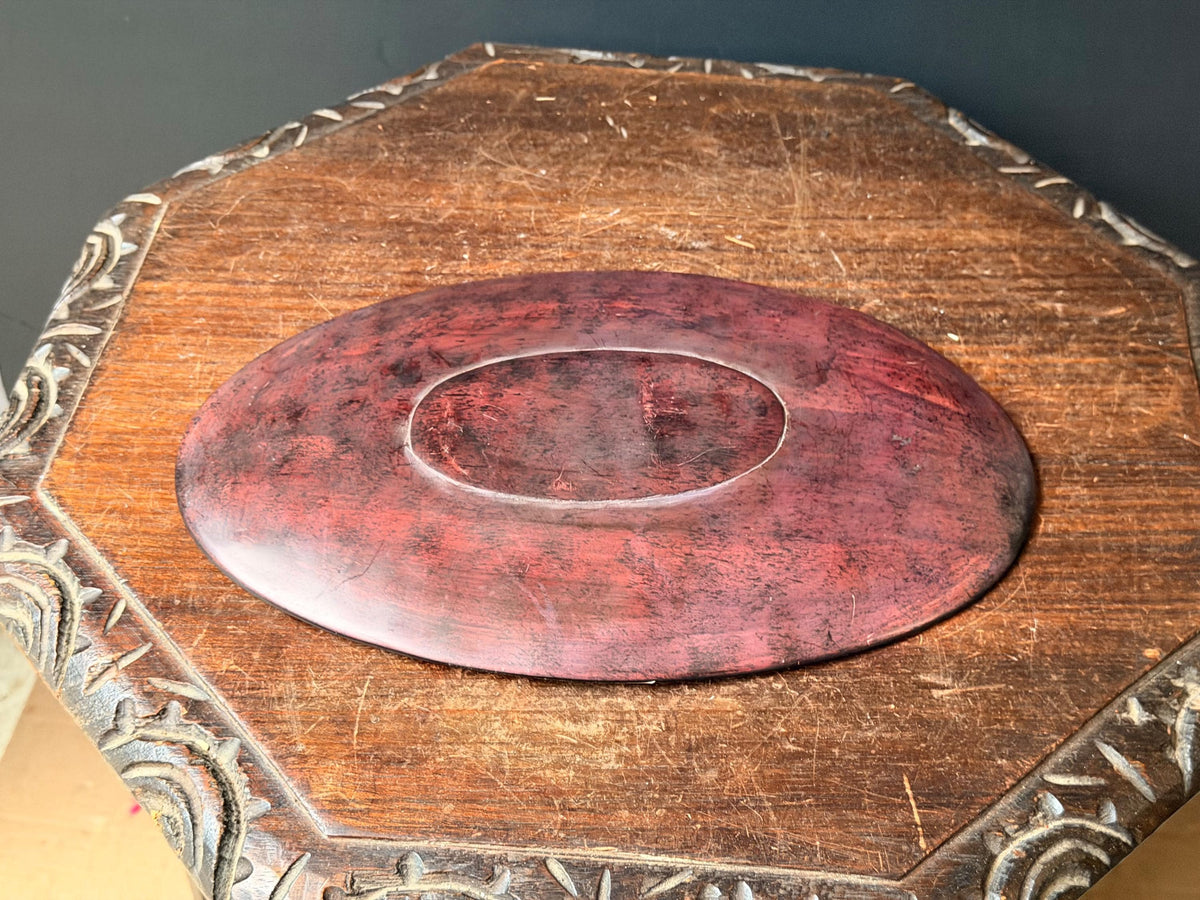 Vintage Hand Carved Soapstone Oval Tray Etched East African Folk Art Platter 12"