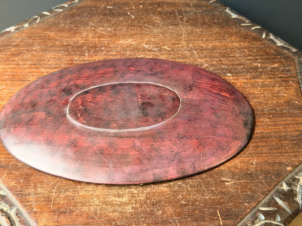 Vintage Hand Carved Soapstone Oval Tray Etched East African Folk Art Platter 12"