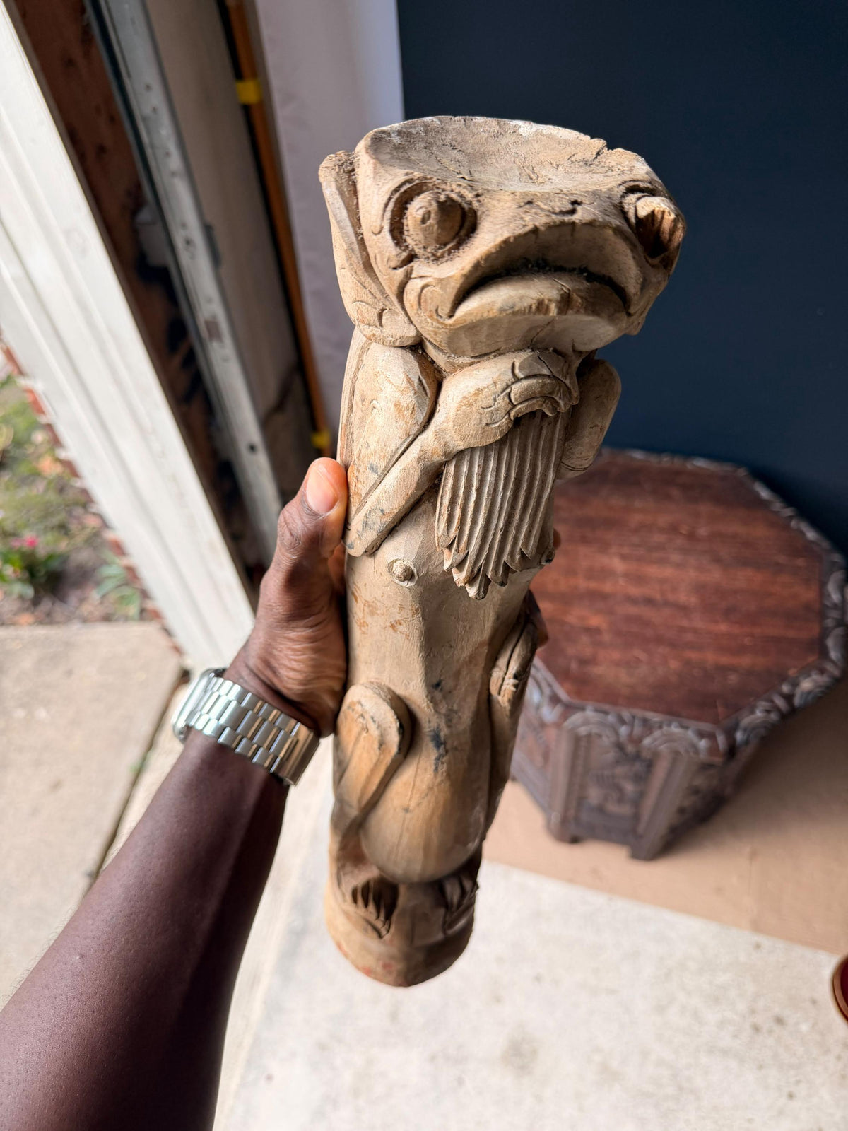Balinese Carved Wood Frog Statue Anthropomorphic Toad Guardian Totem 16in