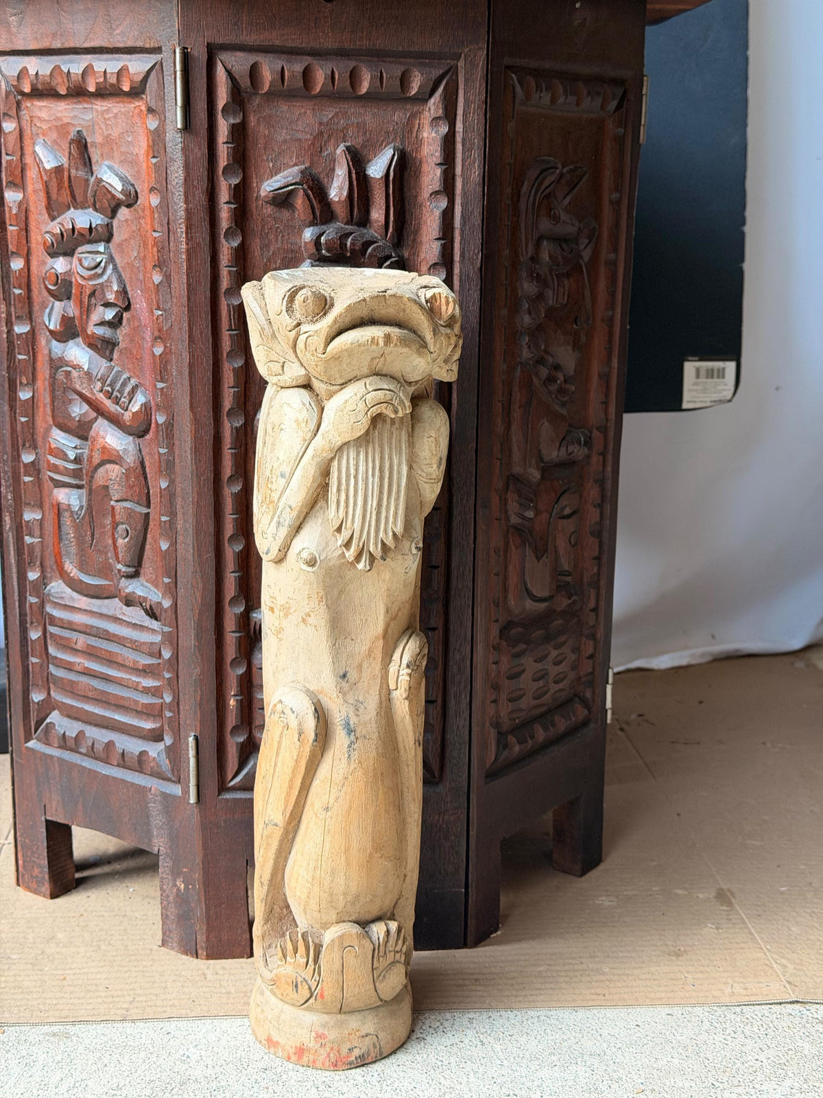 Balinese Carved Wood Frog Statue Anthropomorphic Toad Guardian Totem 16in