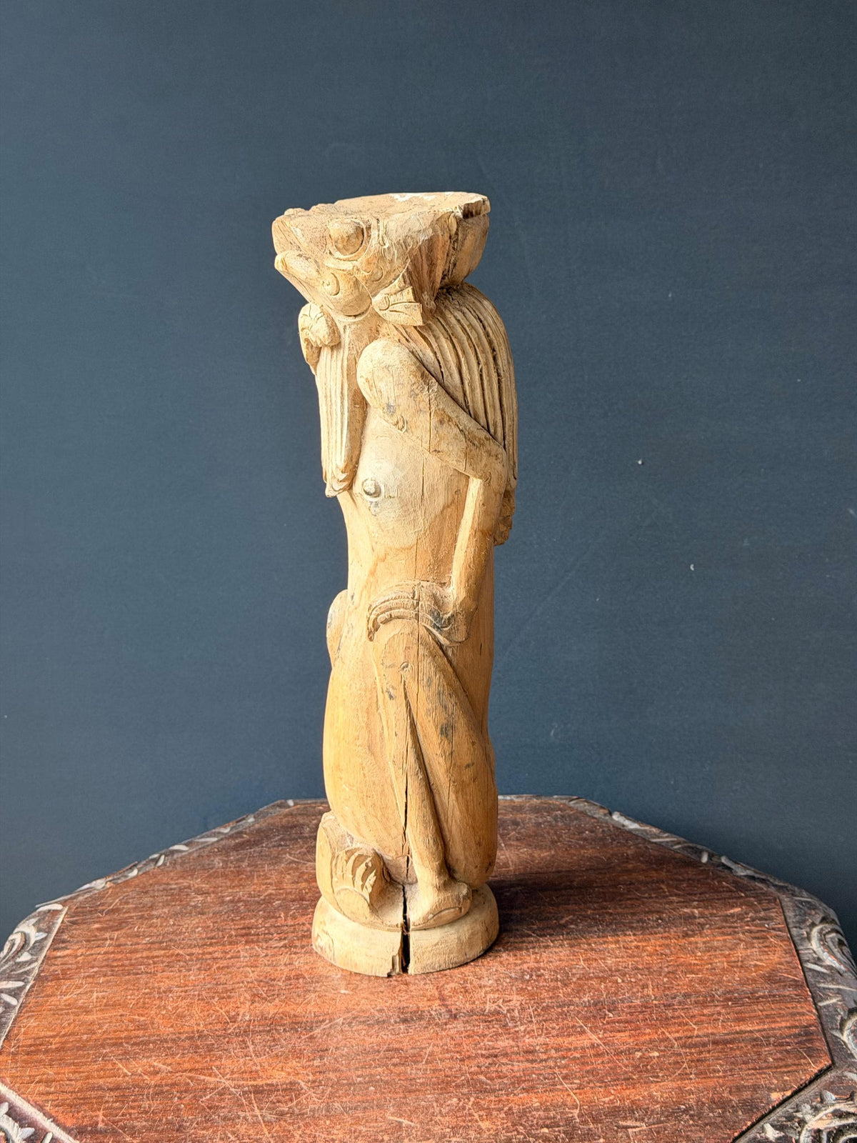 Balinese Carved Wood Frog Statue Anthropomorphic Toad Guardian Totem 16in