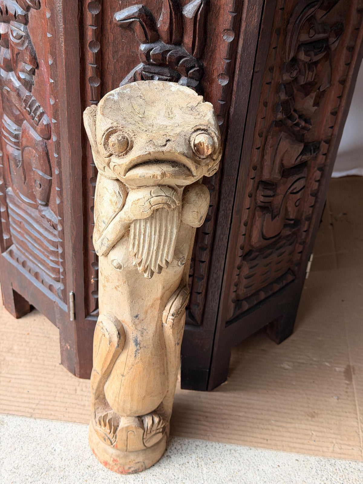 Balinese Carved Wood Frog Statue Anthropomorphic Toad Guardian Totem 16in