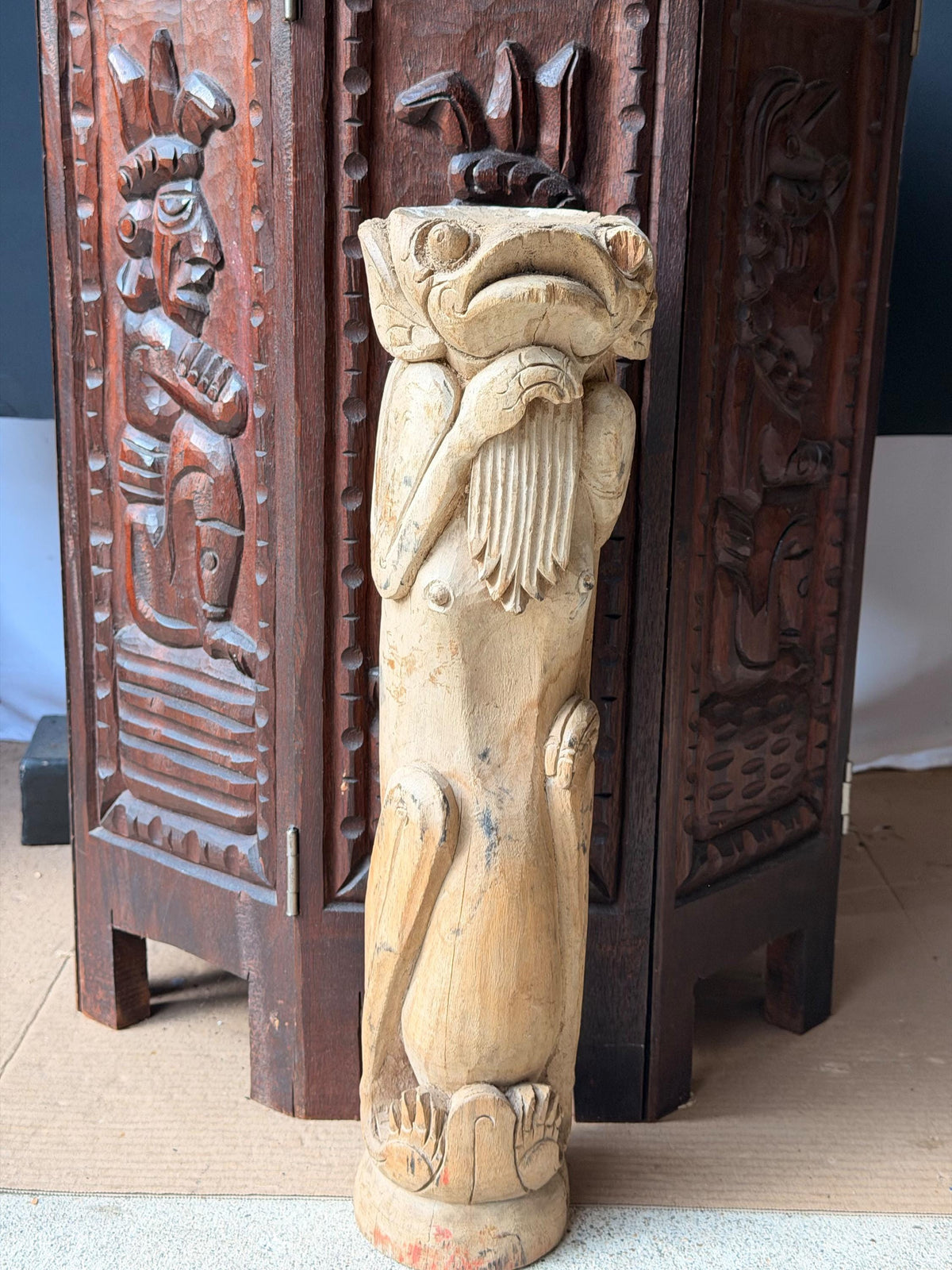 Balinese Carved Wood Frog Statue Anthropomorphic Toad Guardian Totem 16in