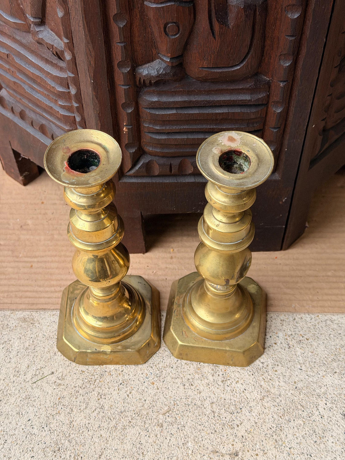 Antique Cast Brass Candlesticks Pair Octagonal Base Georgian Style 8"