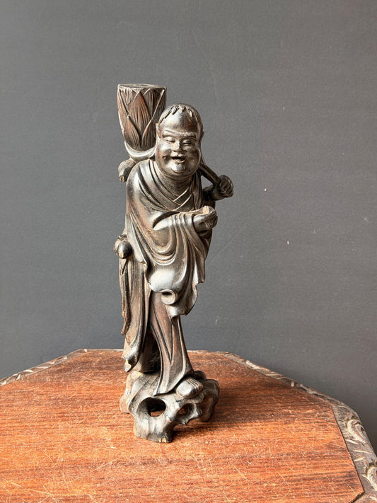 Vintage Carved Wood Laughing Immortal Statue Lotus Gourd East Asian Art 14"