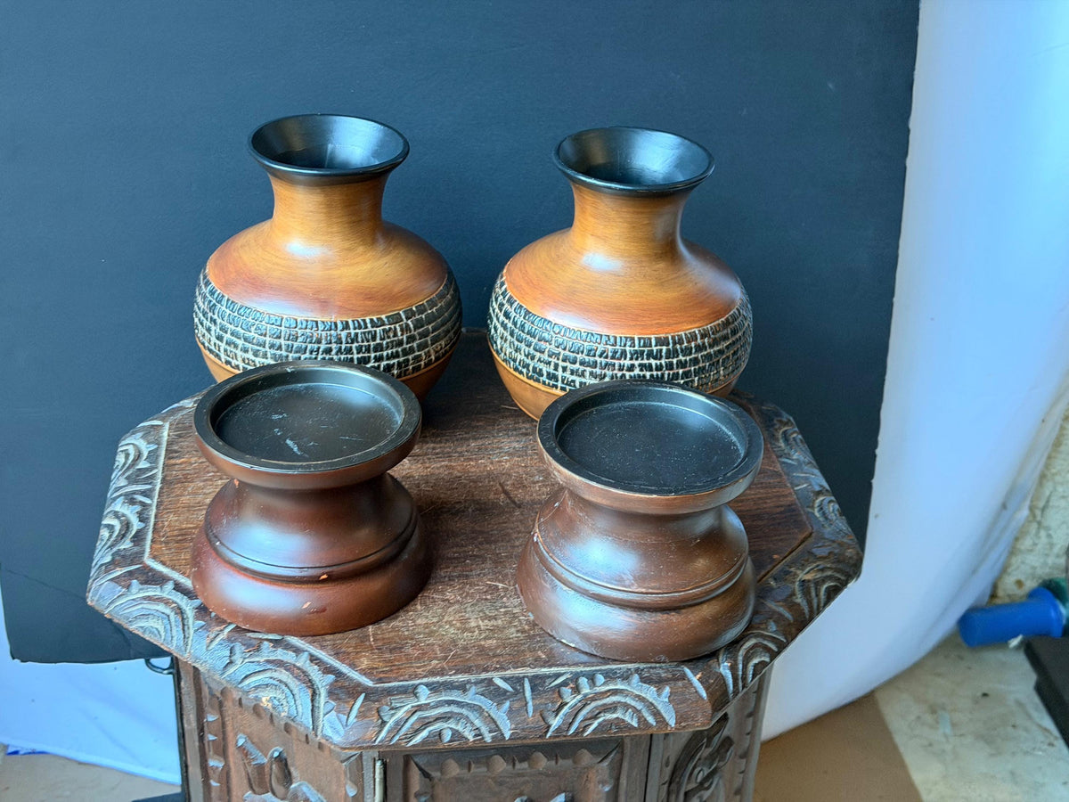 Pair Vintage MCM Brutalist Ceramic Vases Incised Studio Pottery Stand 8"