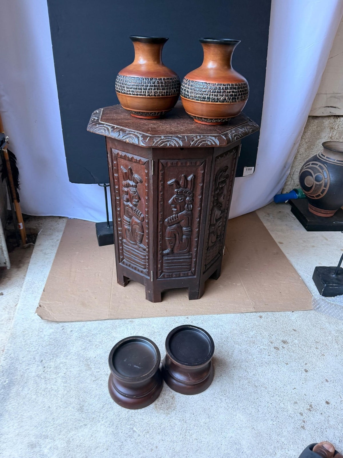 Pair Vintage MCM Brutalist Ceramic Vases Incised Studio Pottery Stand 8"