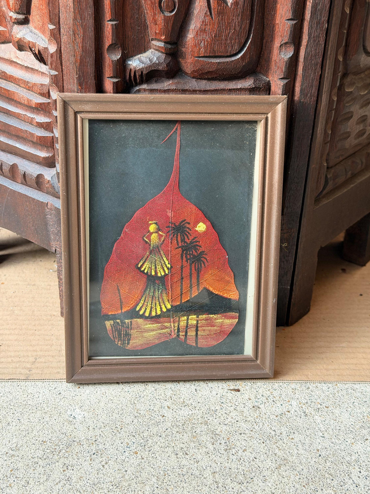 Framed Hand Painted Skeleton Leaf Art Tropical Sunset Silhouette Miniature 8x6