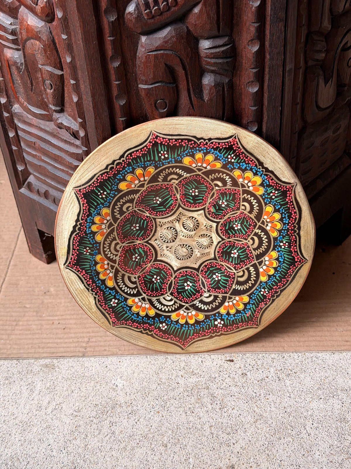 Vintage Hand Engraved Copper Wall Plaque Hand Painted Mandala Metal Dish 9.5
