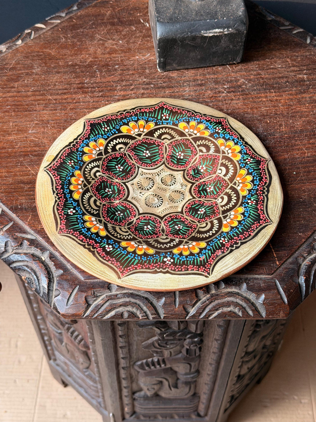 Vintage Hand Engraved Copper Wall Plaque Hand Painted Mandala Metal Dish 9.5