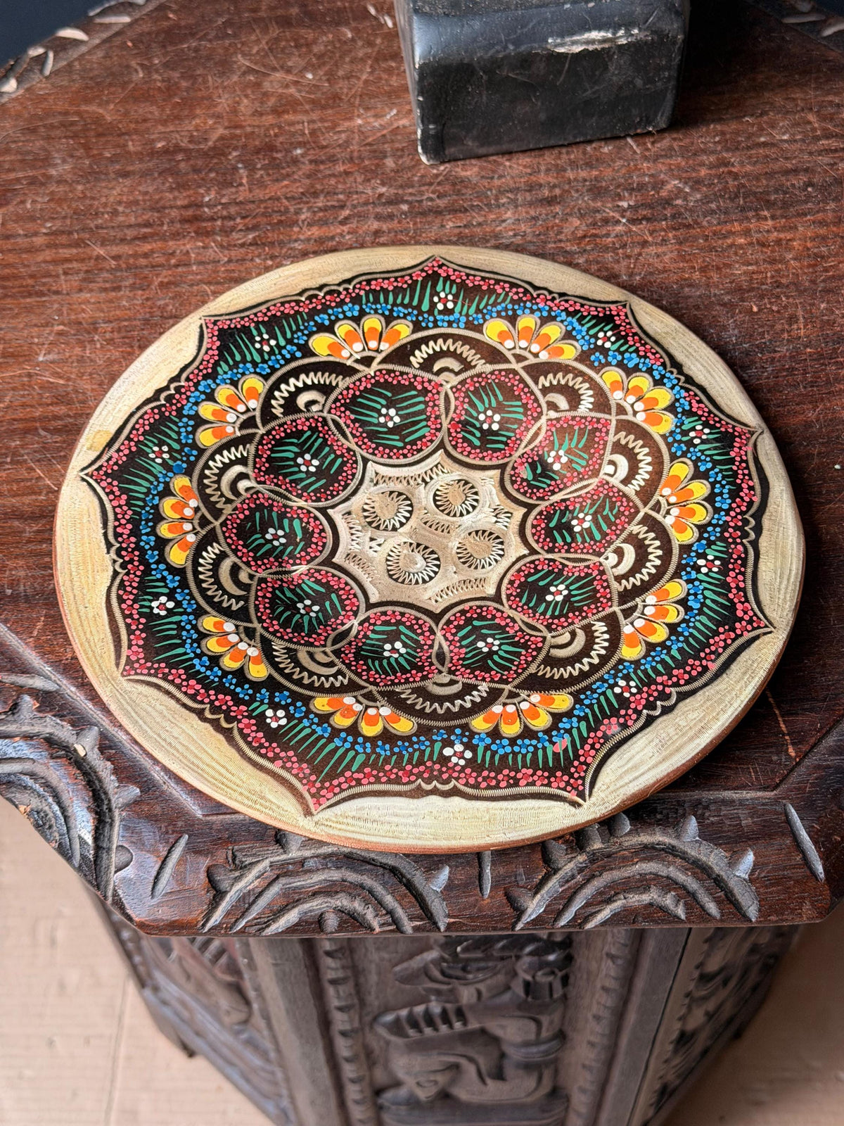 Vintage Hand Engraved Copper Wall Plaque Hand Painted Mandala Metal Dish 9.5