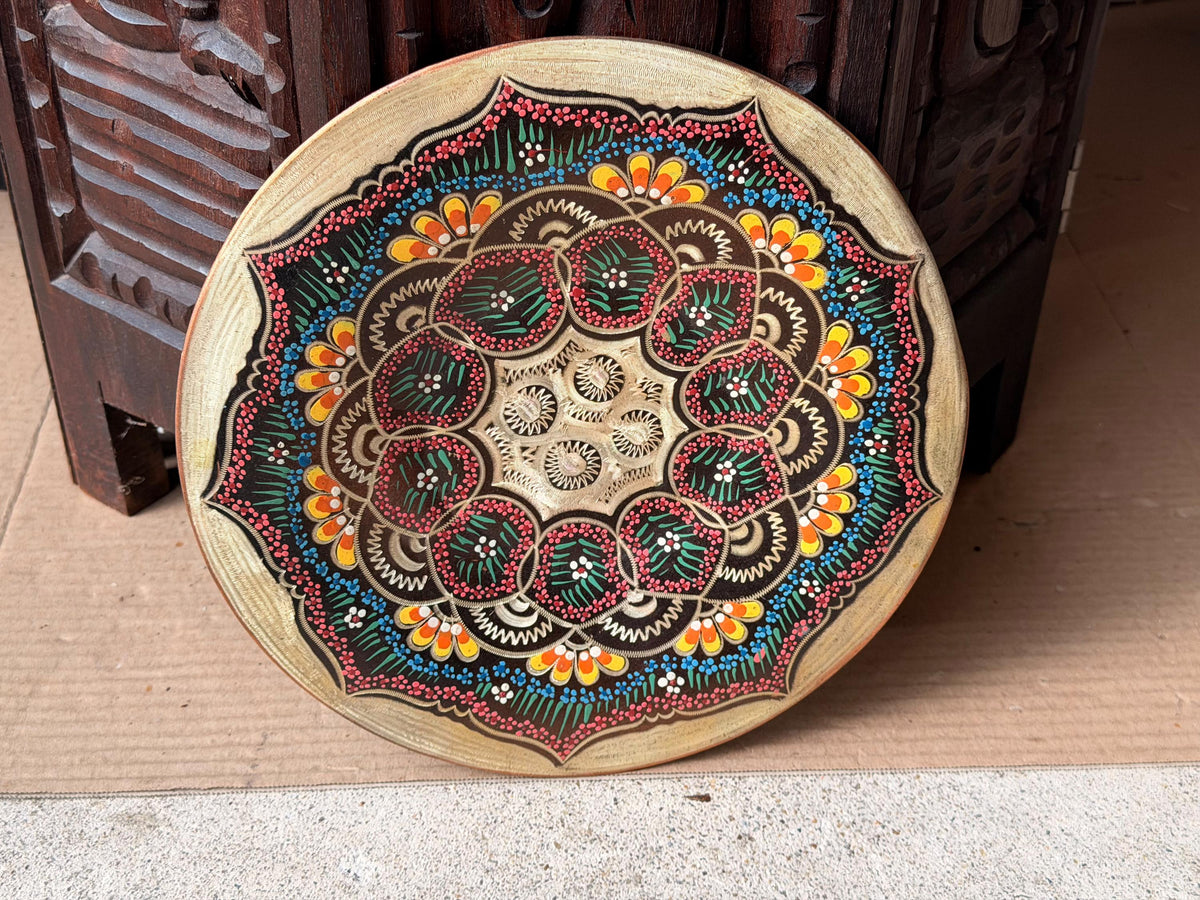 Vintage Hand Engraved Copper Wall Plaque Hand Painted Mandala Metal Dish 9.5