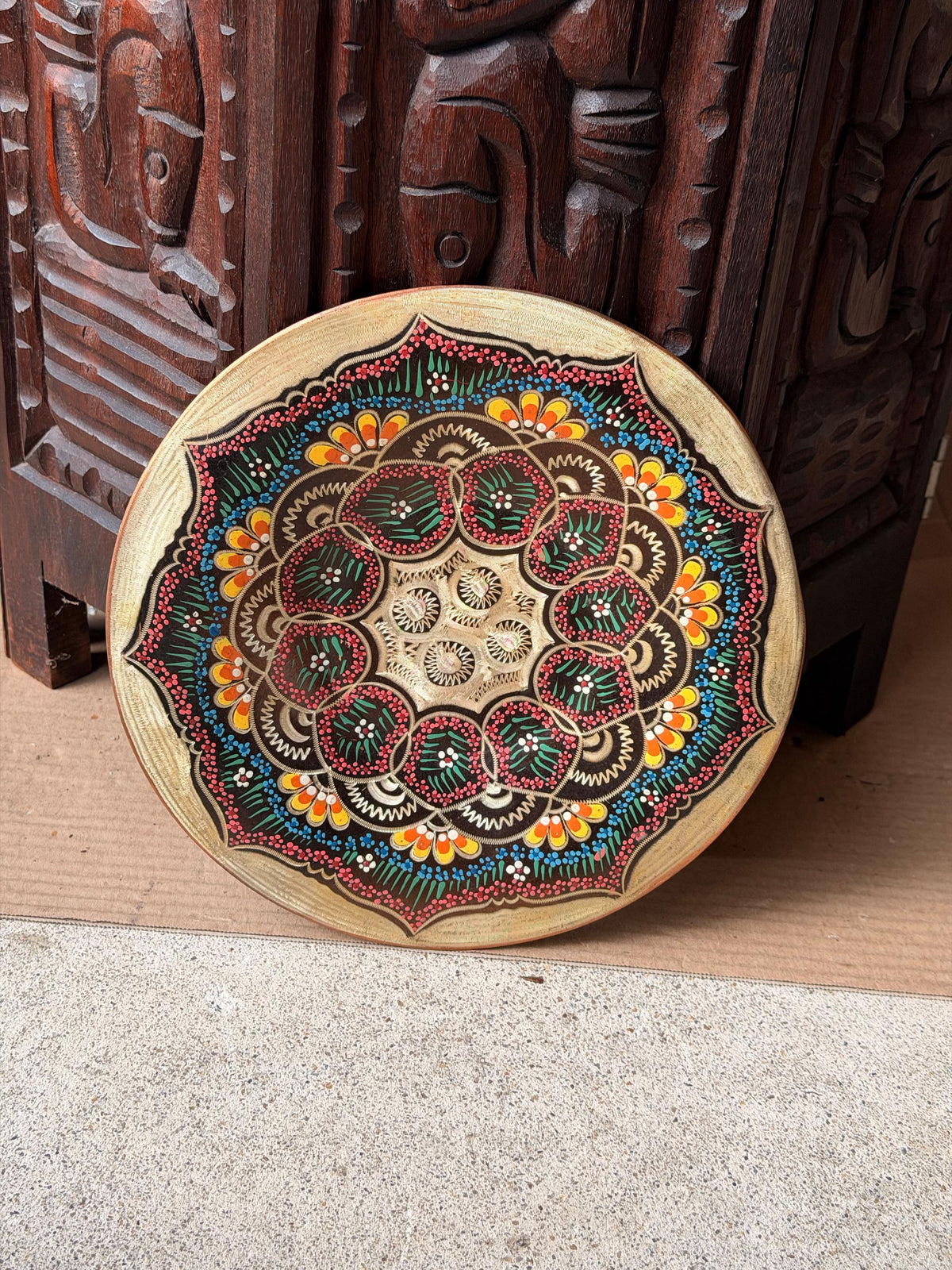 Vintage Hand Engraved Copper Wall Plaque Hand Painted Mandala Metal Dish 9.5