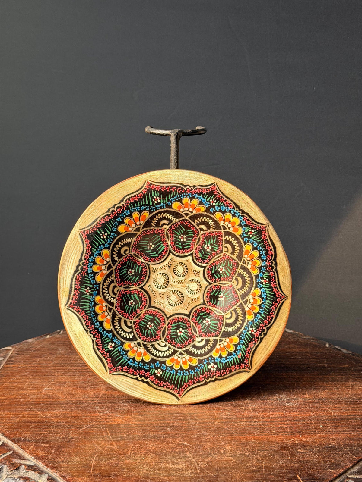 Vintage Hand Engraved Copper Wall Plaque Hand Painted Mandala Metal Dish 9.5
