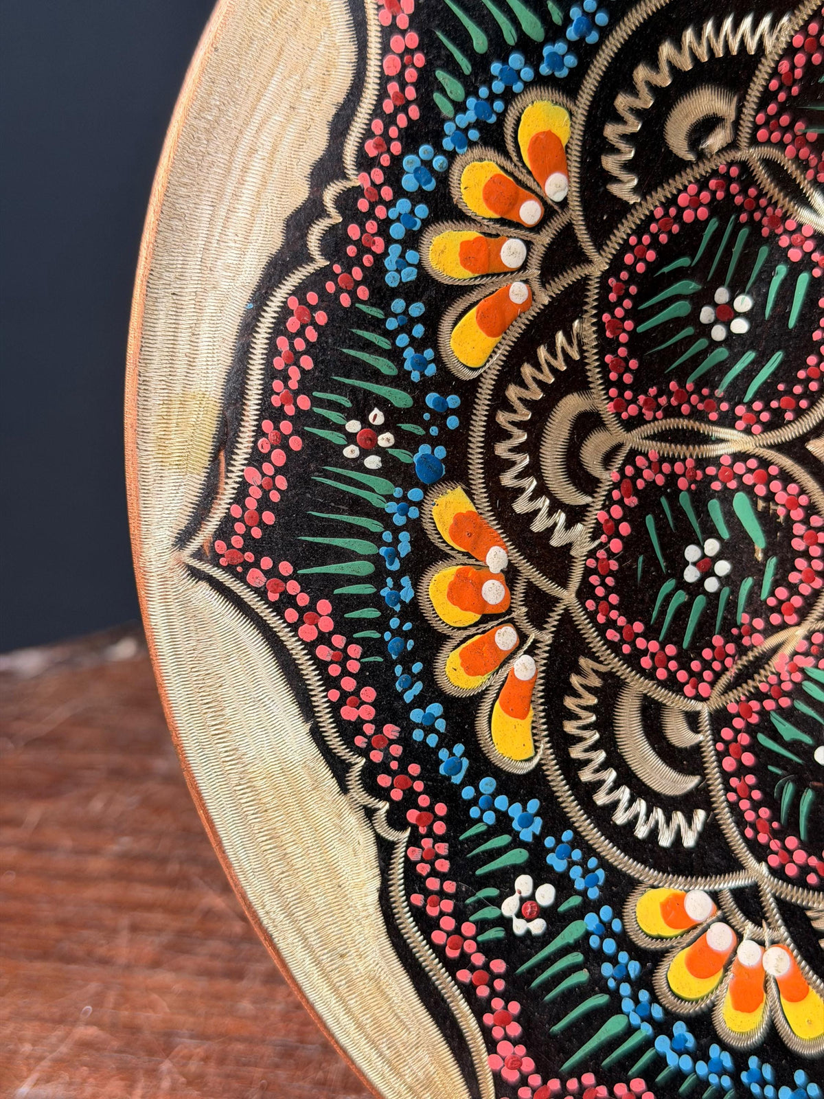 Vintage Hand Engraved Copper Wall Plaque Hand Painted Mandala Metal Dish 9.5