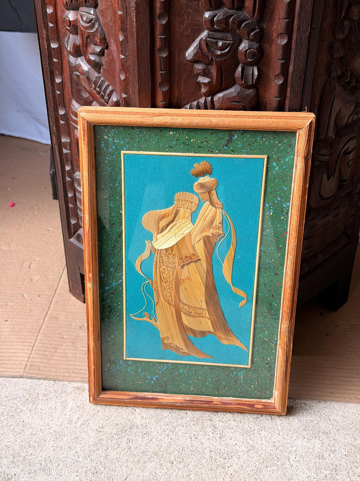 Kyrgyz Straw Marquetry Art Vintage Central Asian Nomad Couple Framed