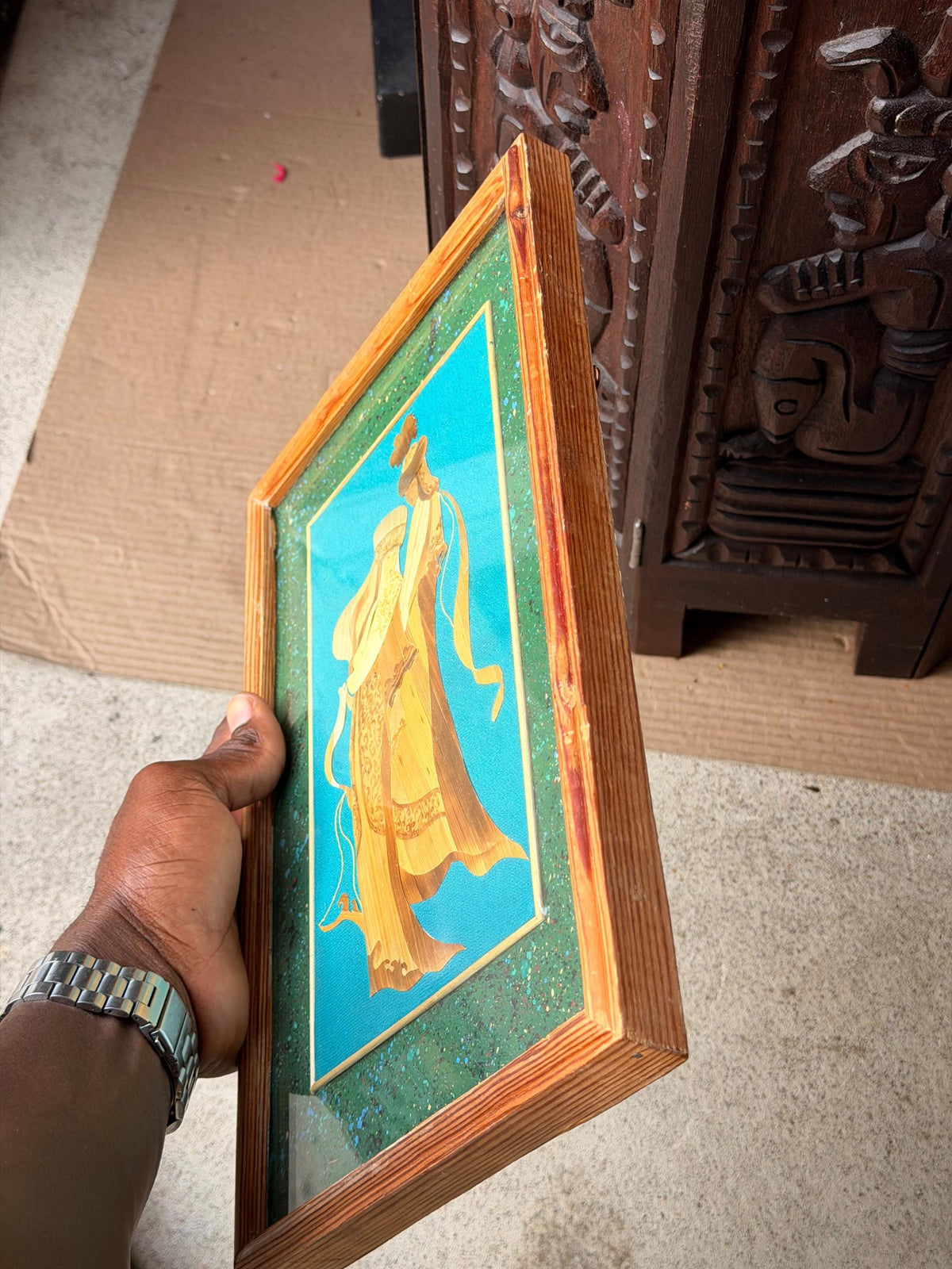 Kyrgyz Straw Marquetry Art Vintage Central Asian Nomad Couple Framed