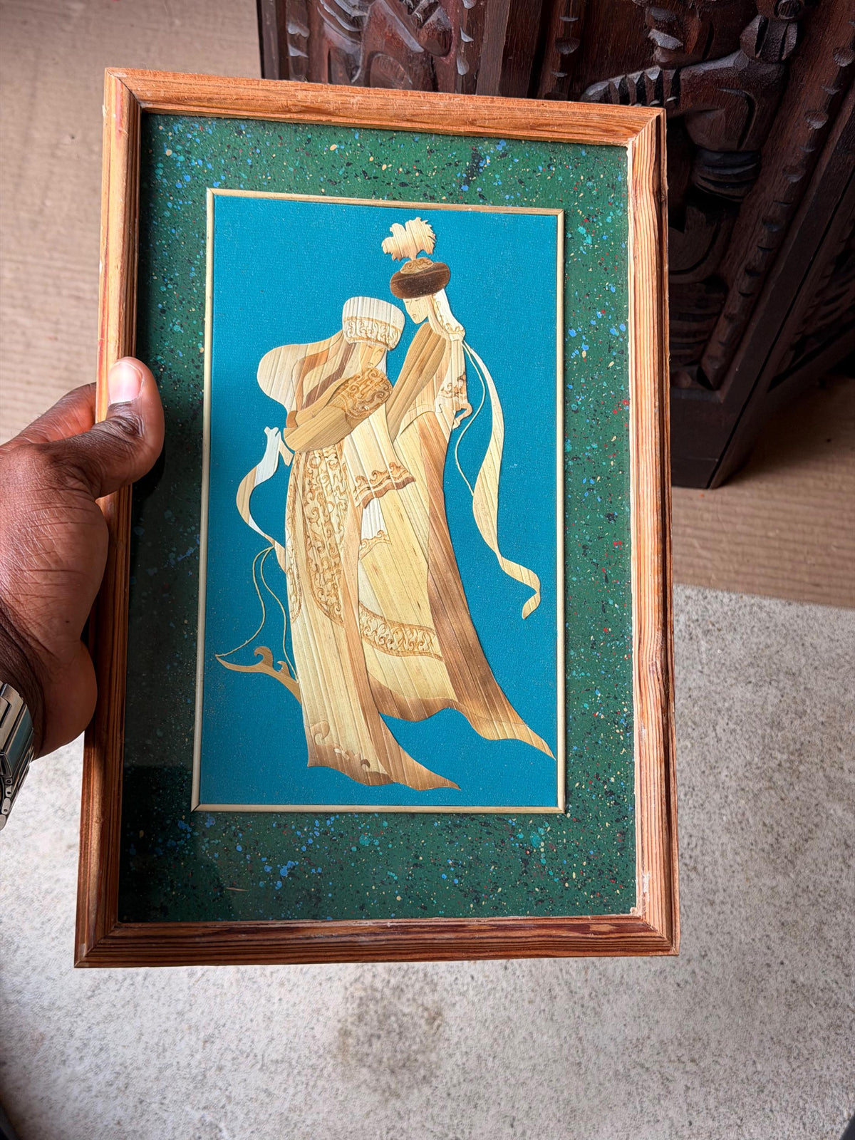 Kyrgyz Straw Marquetry Art Vintage Central Asian Nomad Couple Framed