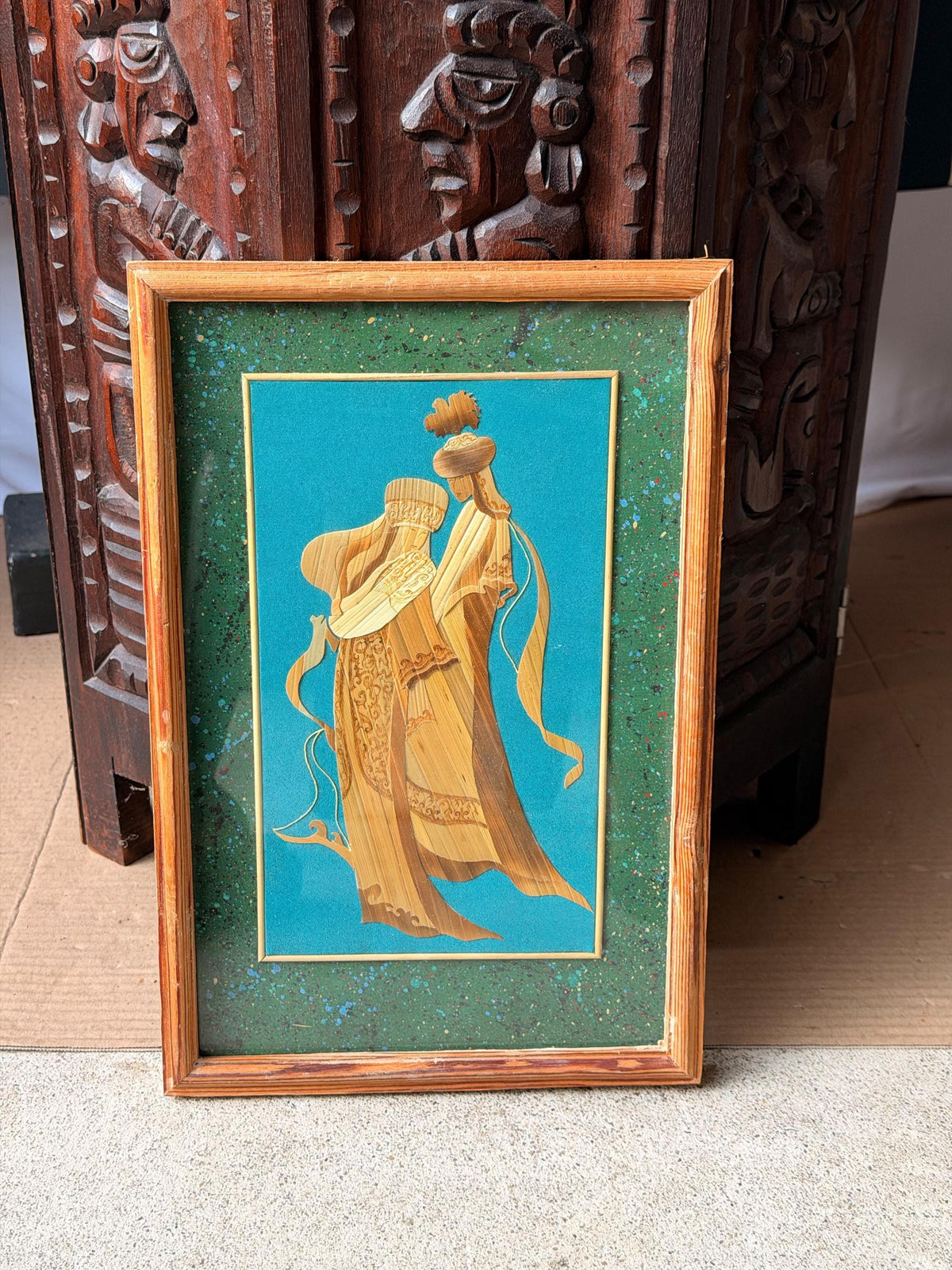 Kyrgyz Straw Marquetry Art Vintage Central Asian Nomad Couple Framed
