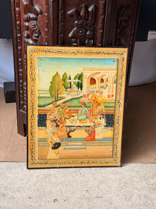 Vintage Mughal Style Court Miniature Painting Wood Plaque Calligraphy 14x11