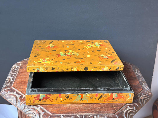 Vintage Hand Painted Lacquer Wood Box Equestrian Hunt Scene Keepsake 12x10