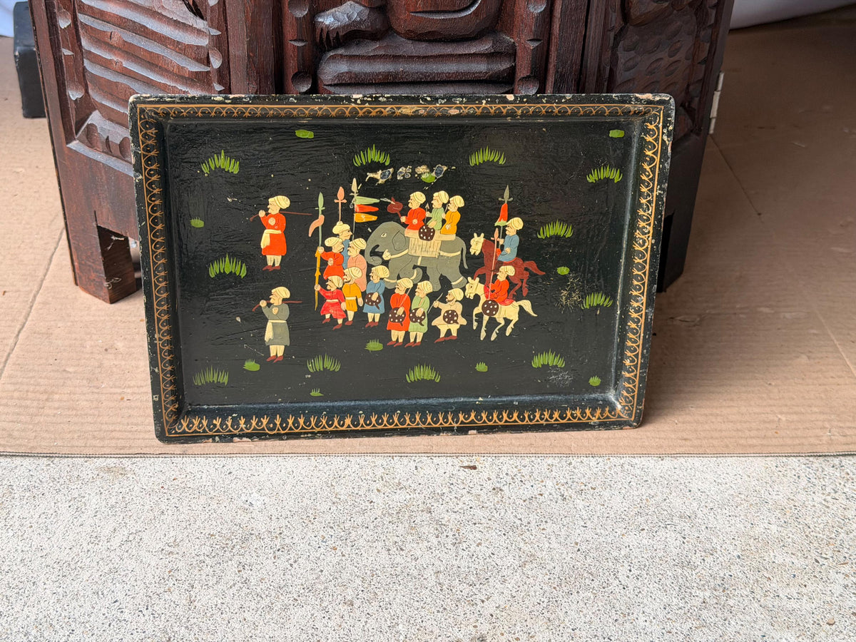 Vintage Hand Painted Lacquer Wood Box Equestrian Hunt Scene Keepsake 12x10