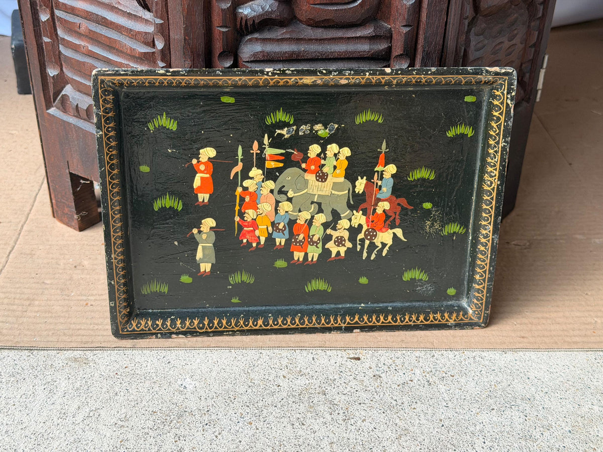 Vintage Hand Painted Lacquer Wood Box Equestrian Hunt Scene Keepsake 12x10