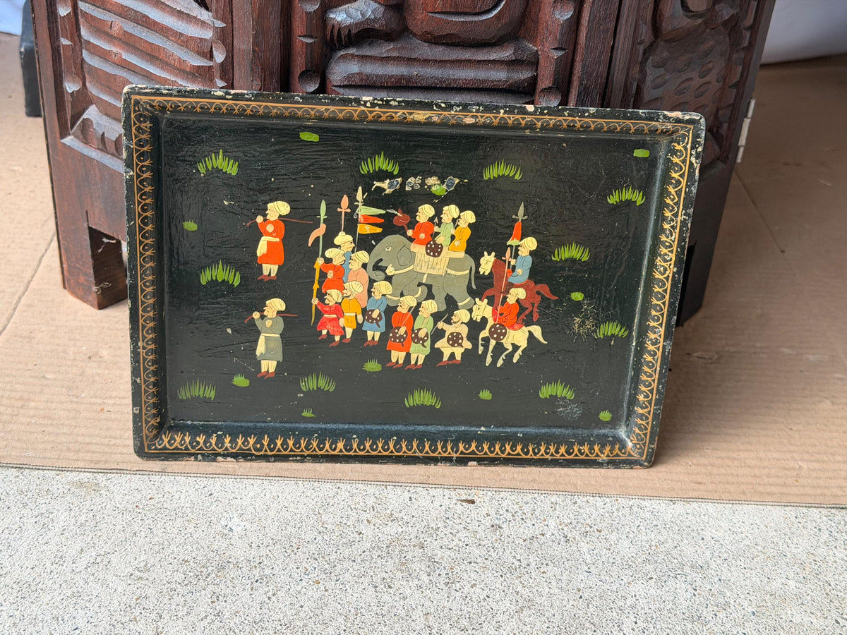 Vintage Hand Painted Lacquer Wood Box Equestrian Hunt Scene Keepsake 12x10