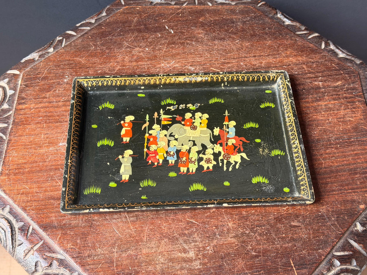 Vintage Hand Painted Lacquer Wood Box Equestrian Hunt Scene Keepsake 12x10